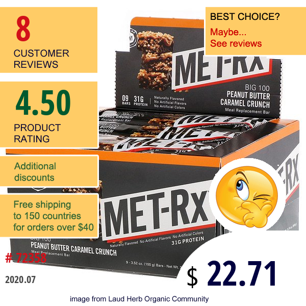 Met-Rx, Big 100, Meal Replacement Bar, Peanut Butter Caramel Crunch, 9 Bars, 3.52 Oz (100 G) Each