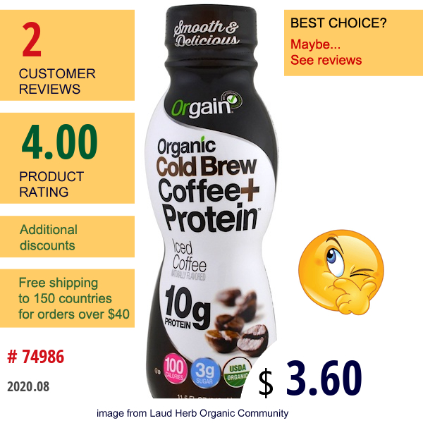 Orgain, Organic Cold Brew Coffee + Protein, Iced Coffee, 11.5 Fl Oz  (340 Ml)  