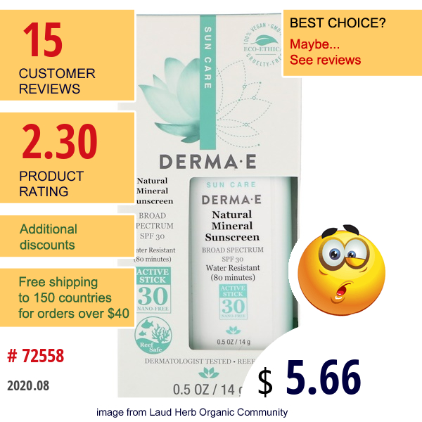 Derma E, Natural Mineral Sunscreen, Spf 30, Water Resistant, 0.5 Oz (14 G) Derma E, Natural Mineral Sunscreen, Spf 30, Water Resistant, 0.5 Oz (14 G)
