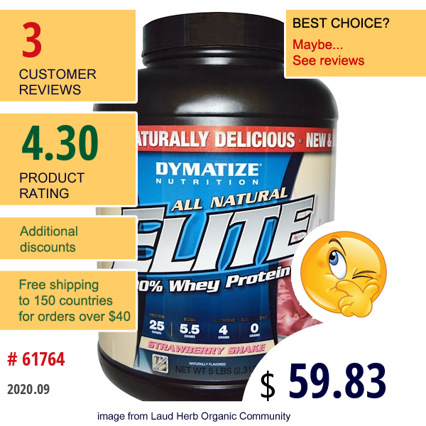 Dymatize Nutrition, All Natural Elite 100% Whey Protein, Strawberry Shake, 5 Lbs (2,312 G)  