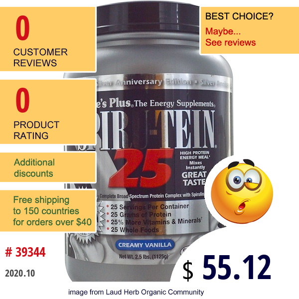 Nature'S Plus, Spiru-Tein 25, High Protein Energy Meal, Creamy Vanilla, 2.5 Lbs (1125 G)  