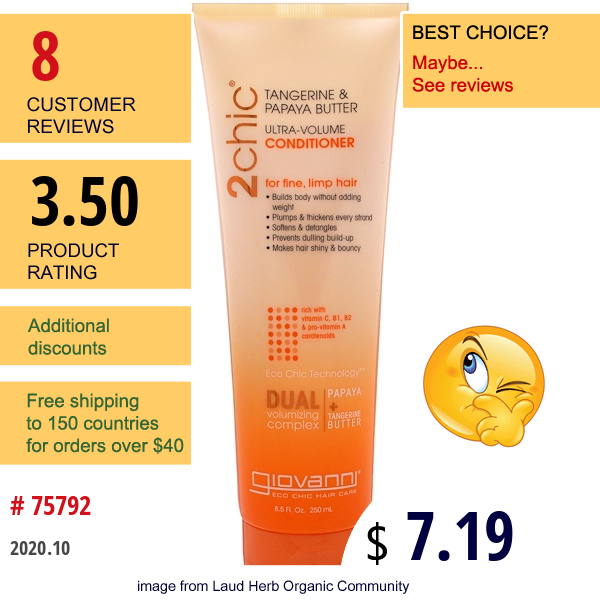 Giovanni, 2Chic, Ultra-Volume Conditioner, For Fine, Limp Hair, Tangerine & Papaya Butter, 8.5 Fl Oz (250 Ml)  