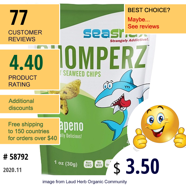 Seasnax, Chomperz, Crunchy Seaweed Chips, Jalapeno, 1 Oz (30 G)