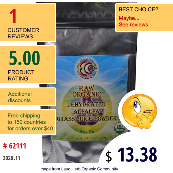 Earth Circle Organics, Raw Organic Dehydrated Alfalfa Grass Juice Powder, 4 Oz (113.4 G)  