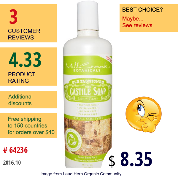 Mill Creek, Old Fashioned Pure Castile Soap, Lemon Grass, 16 Fl Oz (473 Ml)