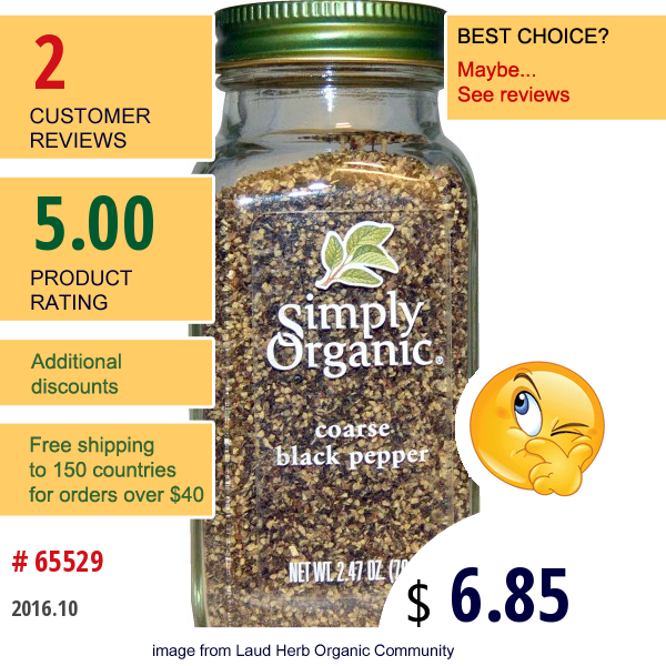 Simply Organic, Organic Coarse Black Pepper, 2.47 Oz (70 G)