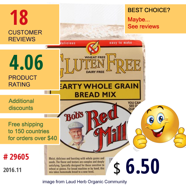 Bobs Red Mill, Hearty Whole Grain Bread Mix, Gluten Free, 20 Oz (567 G)