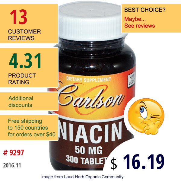 Carlson Labs, Niacin, 50 Mg, 300 Tablets
