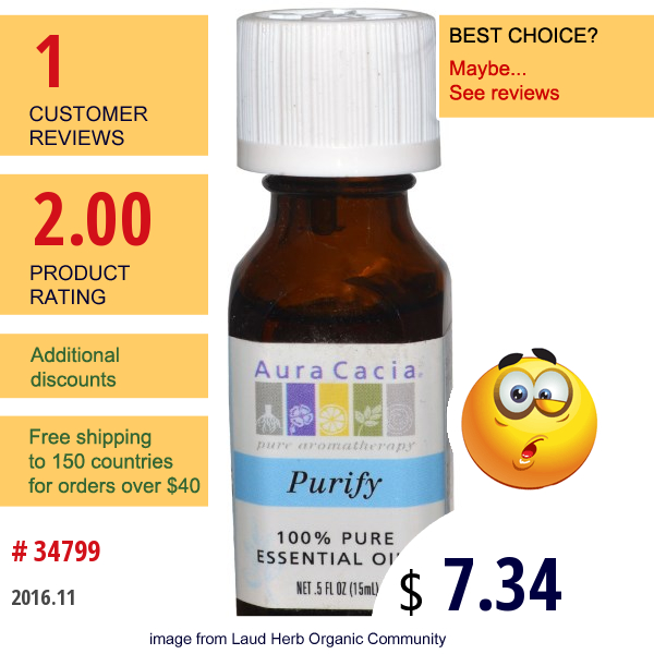 Aura Cacia, 100% Pure Essential Oils, Purify, 0.5 Fl  Oz (15 Ml)  