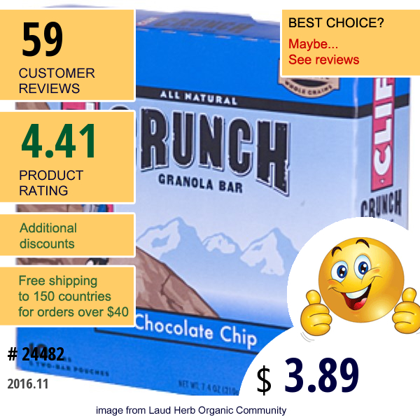 Clif Bar, Crunch Granola Bar, Chocolate Chip, 10 Bars (5 Two-Bar Pouches), 1.5 Oz (42 G) Each  