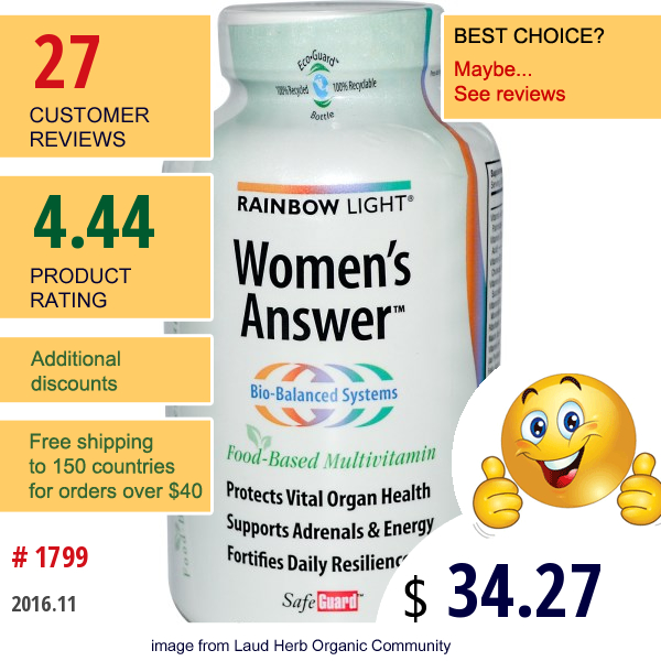 Rainbow Light, Womens Answer, Food-Based Multivitamin, 180 Tablets  