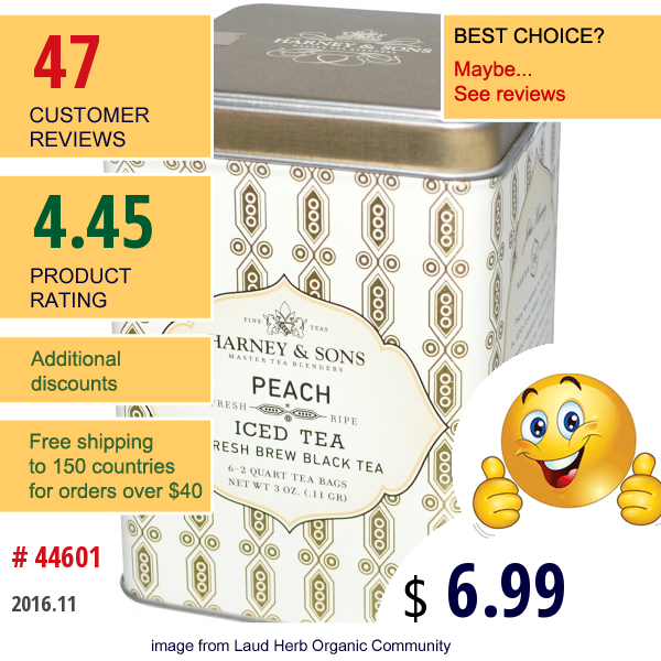 Harney & Sons, Iced Tea, Fresh Brew Black Tea, Peach, 6 - 2 Quart Tea Bags, 3 Oz