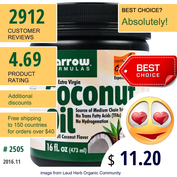Jarrow Formulas, Organic, Extra Virgin Coconut Oil, 16 Oz (473 G)