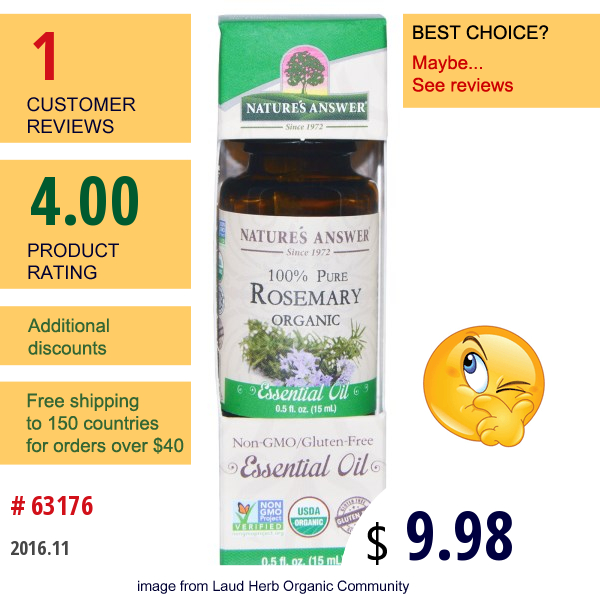 Natures Answer, Organic Essential Oil, 100% Pure Rosemary, 0.5 Fl Oz (15 Ml)