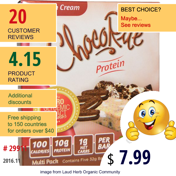 Healthsmart Foods, Inc., Chocorite Cookies N Cream Bars, 5 Protein Bars, 5.6 Oz (32 G) Each