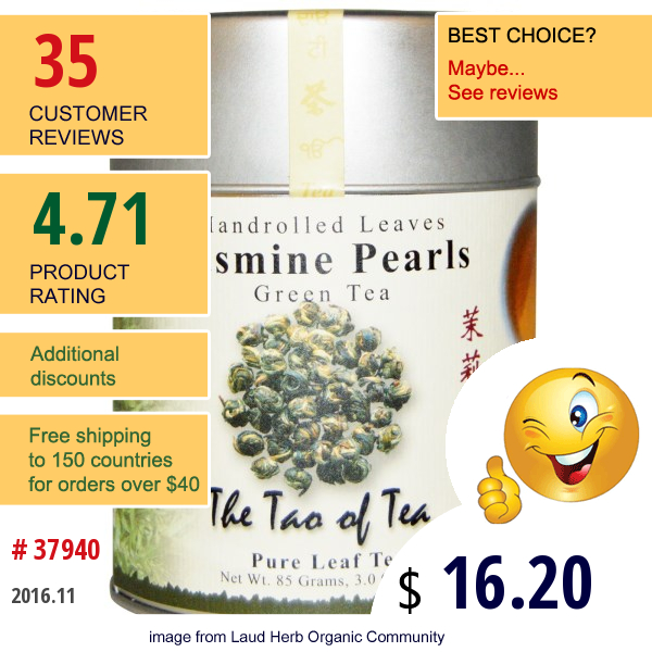 The Tao Of Tea, Handrolled Leaves Green Tea, Jasmine Pearls, 3 Oz (85 G)