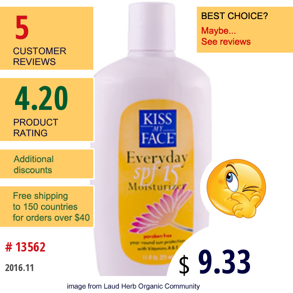 Kiss My Face, Sc, Everyday Moisturizer, Spf 15, 11 Fl Oz (325 Ml)  