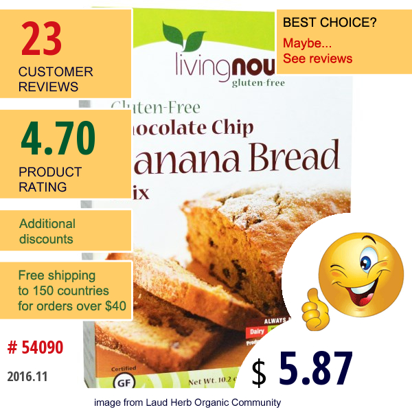 Now Foods, Chocolate Chip Banana Bread Mix, Gluten-Free, 10.2 Oz (289 G)