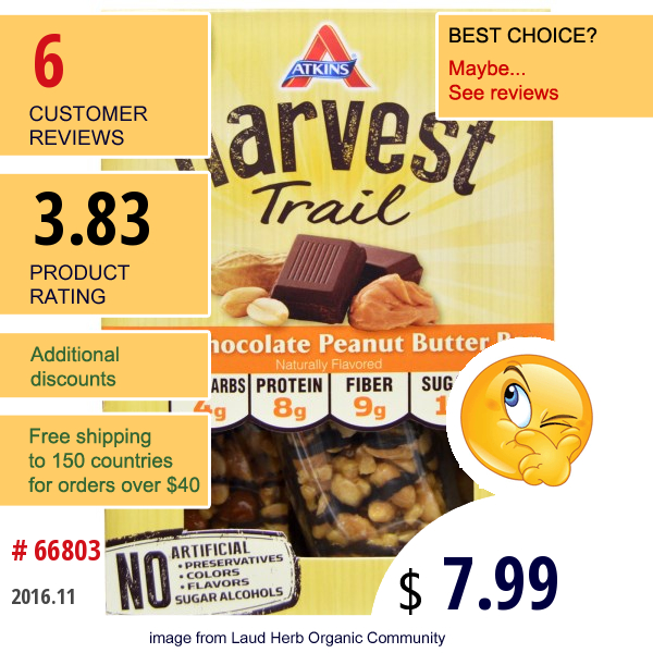 Atkins, Harvest Trail, Dark Chocolate Peanut Butter Bars, 5 Bars, 1.3 Oz (38 G) Each