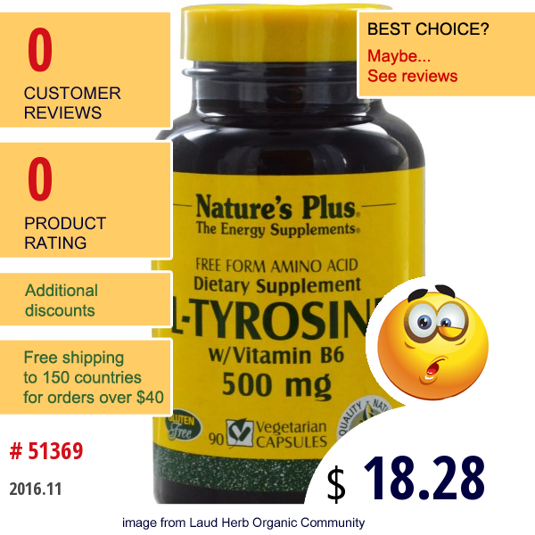 Natures Plus, L-Tyrosine W/vitamin B6, 500 Mg, 90 Veggie Caps  