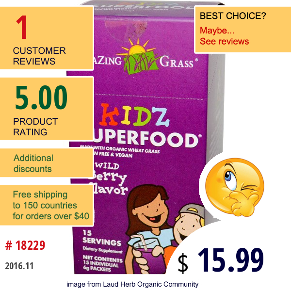 Amazing Grass, Kidz Superfood, Wild Berry Flavor, 15 Individual Packets, 6 G Each  