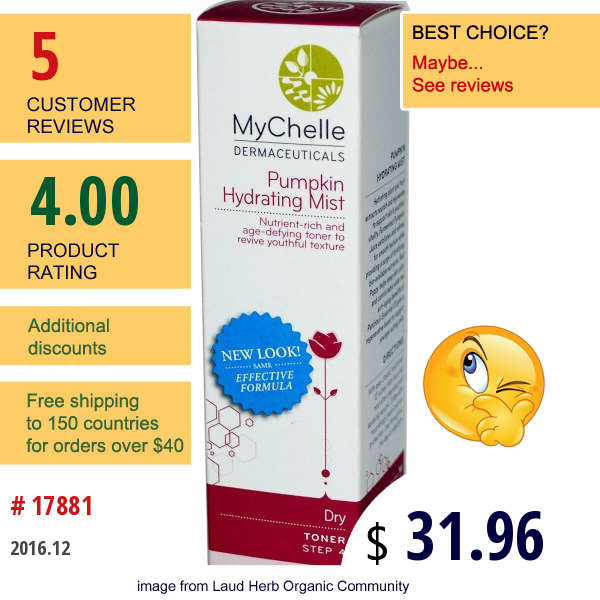 Mychelle Dermaceuticals, Pumpkin Hydrating Mist, Dry, Toner, 2.1 Fl Oz (61 Ml)  