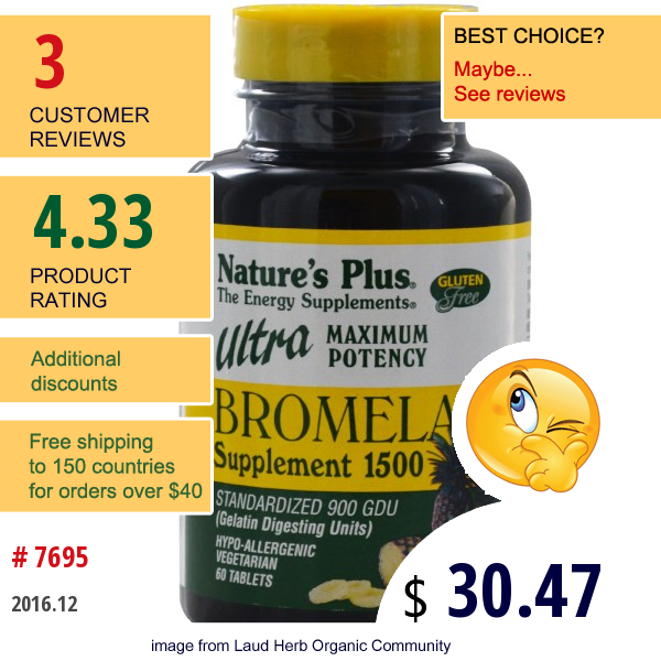 Natures Plus, Bromelain Supplement 1500, Ultra Maximum Potency, 60 Tablets