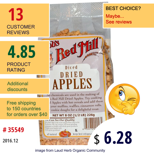 Bobs Red Mill, Diced Dried Apples, 8 Oz (226 G)  