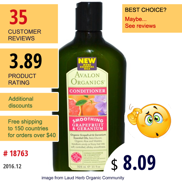 Avalon Organics, Conditioner, Smoothing Grapefruit & Geranium, 11 Fl Oz (325 Ml)  