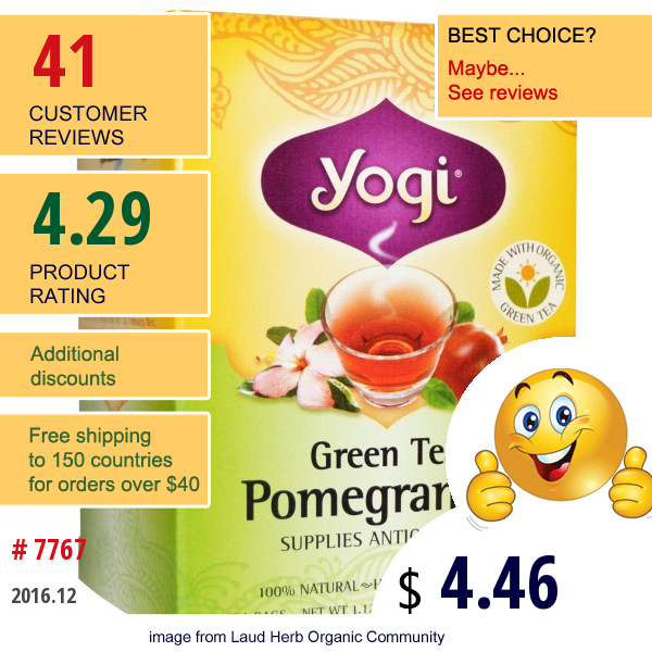 Yogi Tea, Green Tea Pomegranate, Caffeine, 16 Tea Bags, 1.12 Oz (32 G)