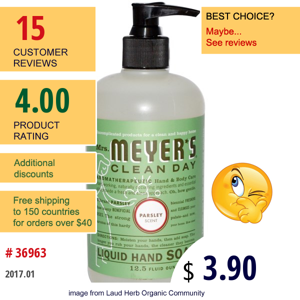 Mrs. Meyers Clean Day, Liquid Hand Soap, Parsley Scent, 12.5 Fl Oz (370 Ml)