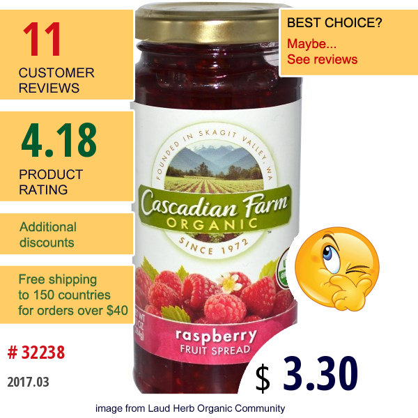 Cascadian Farm, Organic, Fruit Spread, Raspberry, 10 Oz (284 G)