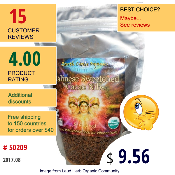 Earth Circle Organics, Balinese Sweetened Cacao Nibs, 8 Oz  