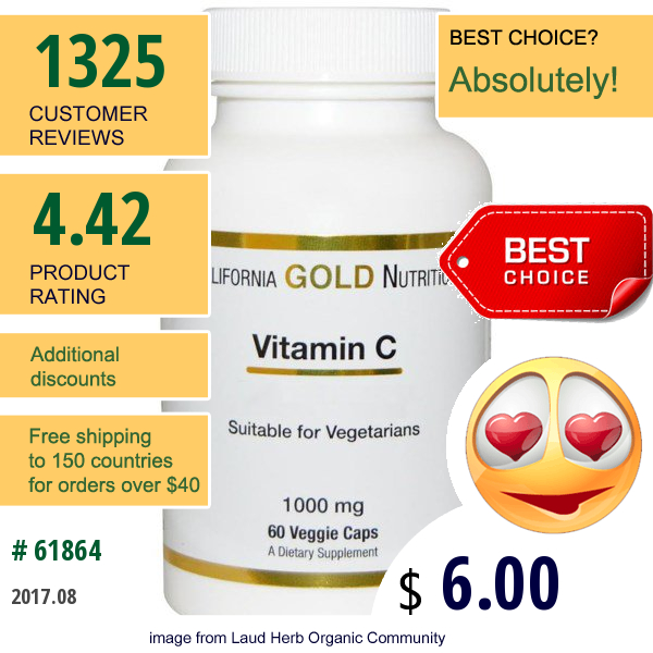 California Gold Nutrition, Vitamin C, 1,000 Mg, 60 Veggie Caps