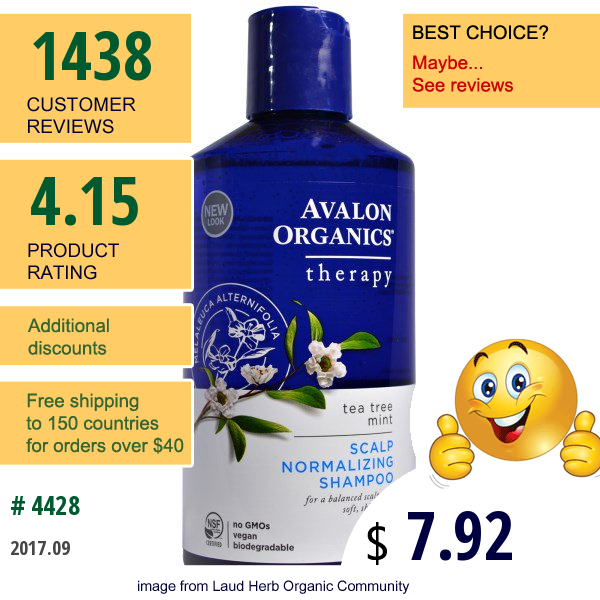 Avalon Organics, Scalp Normalizing Shampoo, Tea Tree Mint Therapy, 14 Fl Oz (414 Ml)