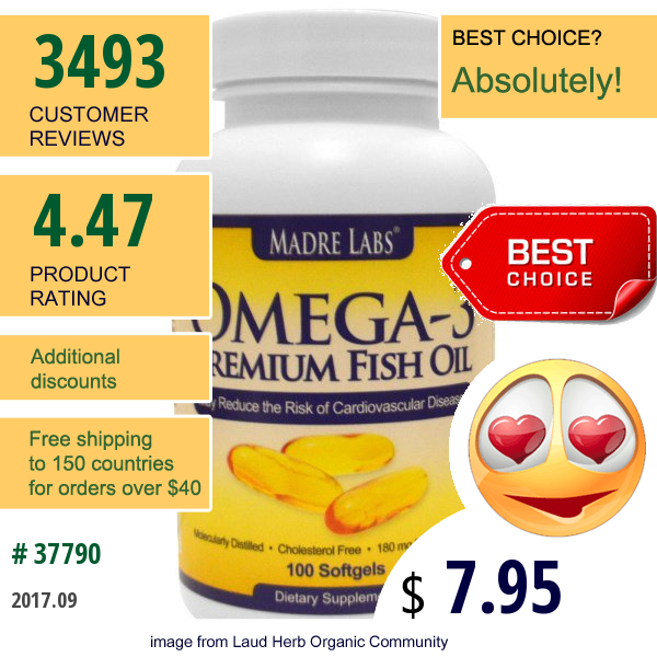 Madre Labs, Omega-3 Premium Fish Oil, 180 Mg Epa/120 Mg Dha, 100 Softgels  