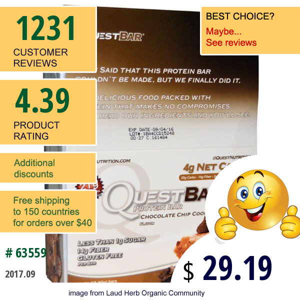 Quest Nutrition, Questbar, Protein Bar, Chocolate Chip Cookie Dough, 12 Bars, 2.1 Oz (60 G) Each