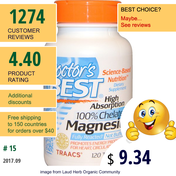 Doctors Best, High Absorption Magnesium, 100% Chelated, 120 Tablets