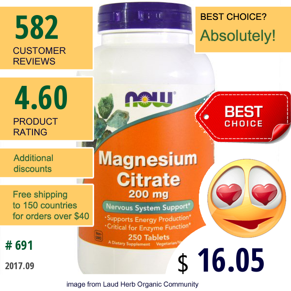 Now Foods, Magnesium Citrate, 200 Mg, 250 Tablets