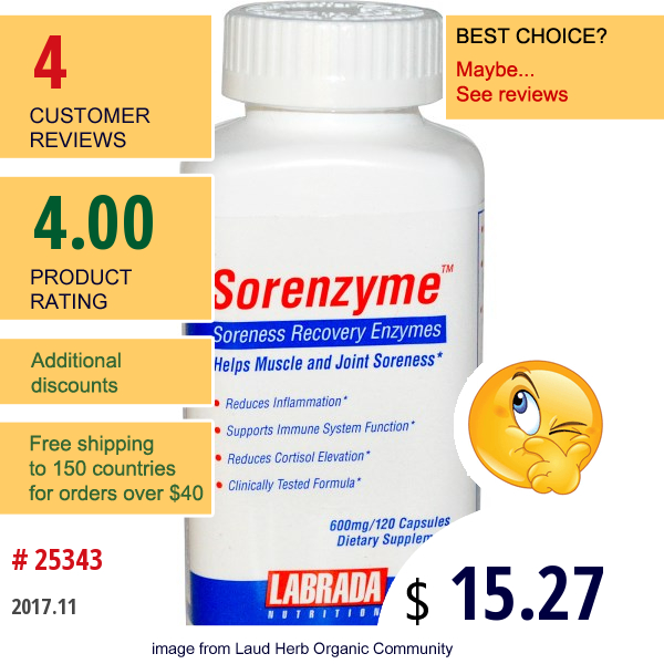 Labrada Nutrition, Sorenzyme, Soreness Recovery Enzymes, 600 Mg, 120 Capsules  