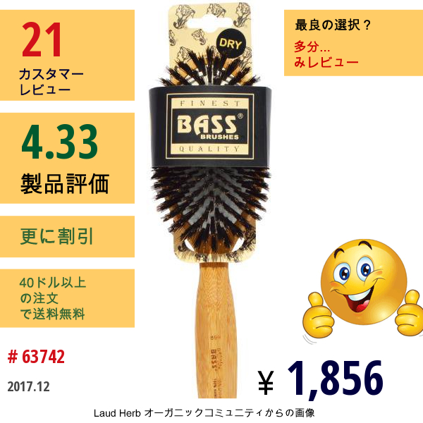 Bass Brushes, ラージ オーバル、クッションスタイル、100%ワイルドボアの毛、斜角、ウッドハンドル、ヘアブラシ1本