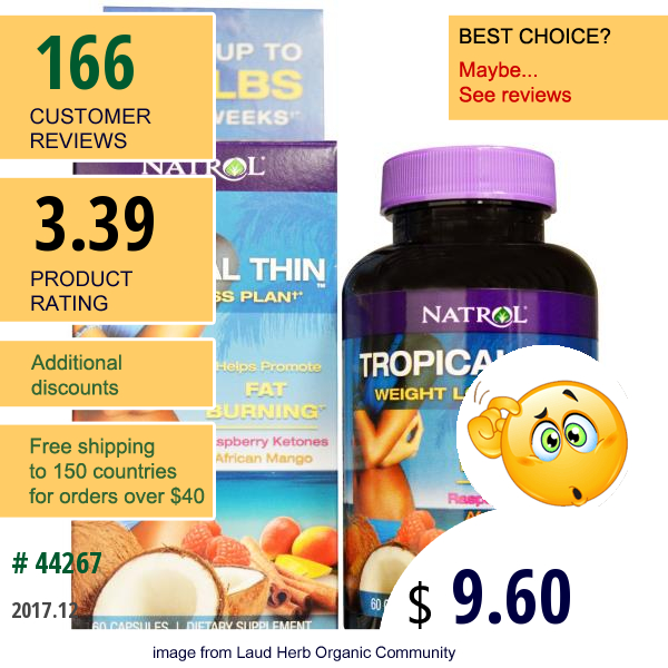 Natrol, Tropical Thin, Weight Loss Plan, Raspberry Ketones, African Mango, 60 Capsules  