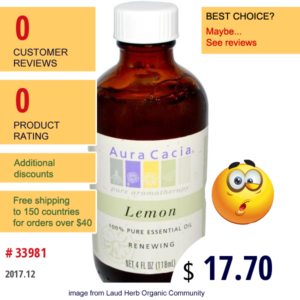 Aura Cacia, 100% Pure Essential Oil, Lemon, Renewing, 4 Fl Oz (118 Ml)  