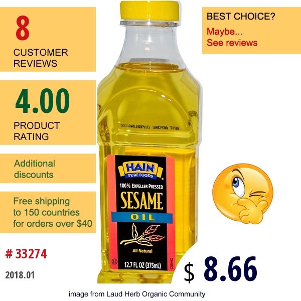 Hain Pure Foods, Sesame Oil, 12.7 Oz (375 Ml) Hain Pure Foods, Sesame Oil, 12.7 Oz (375 Ml)