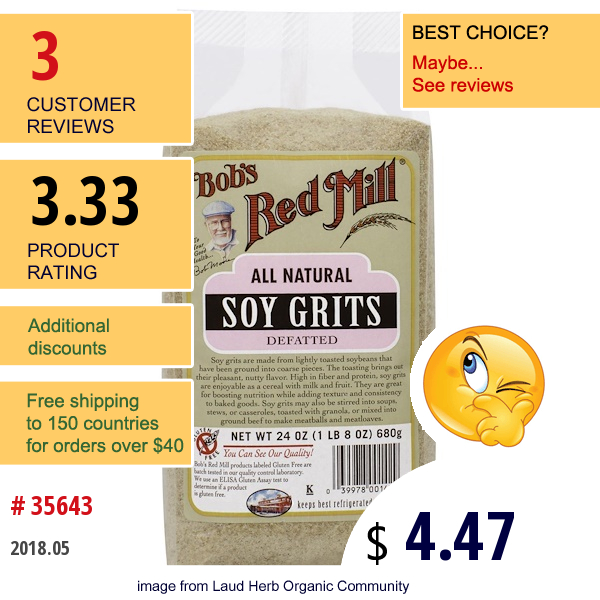 Bobs Red Mill, Soy Grits, 24 Oz (680 G)  