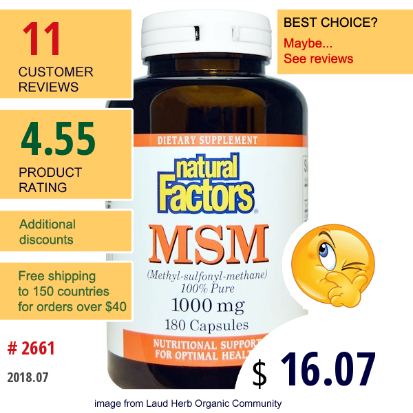 Natural Factors, Msm, Methyl-Sulfonyl-Methane, 1,000 Mg, 180 Capsules