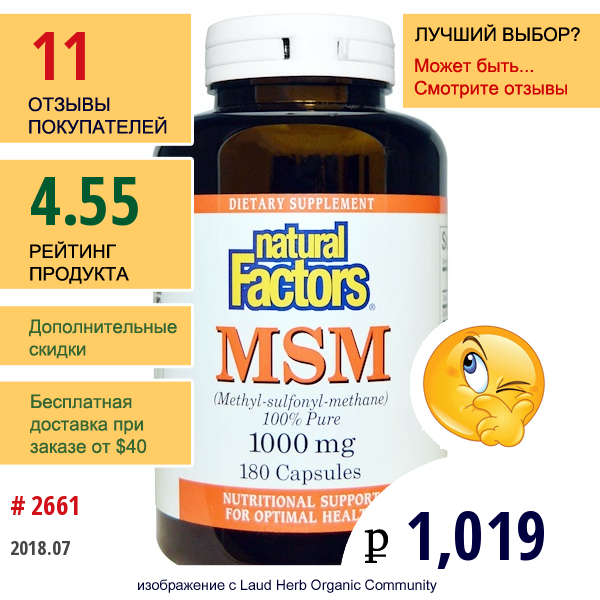 Natural Factors, Мсм, Метил-Сульфонил-Метан, 1 000 Мг, 180 Капсул