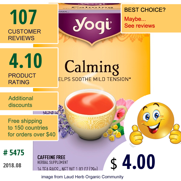 Yogi Tea, Organic, Calming, Caffeine Free, 16 Tea Bags, 1.02 Oz (29 G)