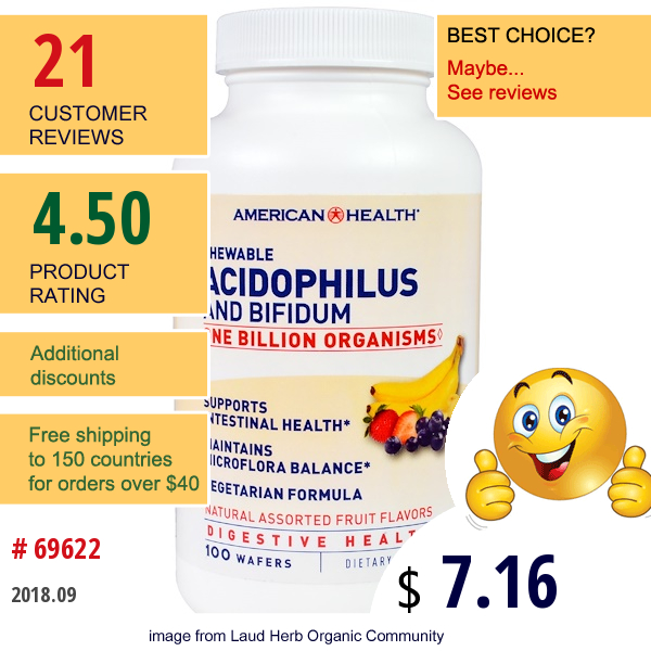 American Health, Chewable Acidophilus And Bifidium, Natural Assorted Fruit Flavors, 100 Wafers