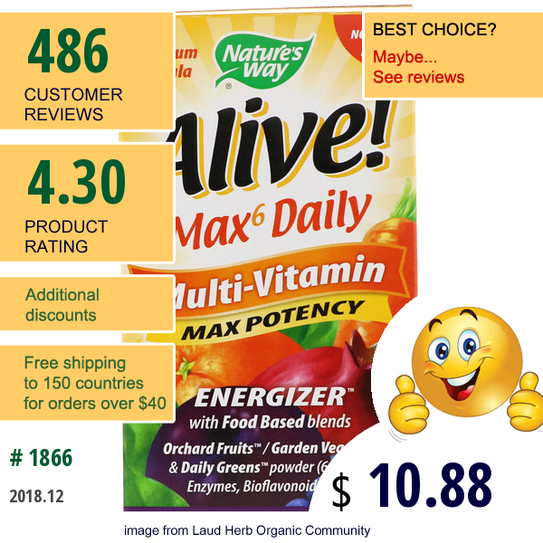 Natures Way, Alive! Max6 Daily, Multi-Vitamin, No Added Iron, 90 Veg Capsules